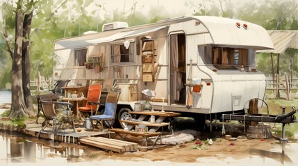 Concept of camper van and camping life. Generative AI