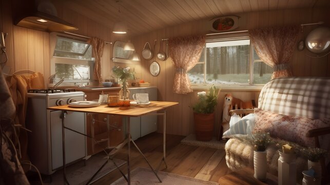 Concept of camper van and camping life. Generative AI