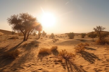 desert with rising sun, casting warm light and shadows onto the landscape, created with generative ai