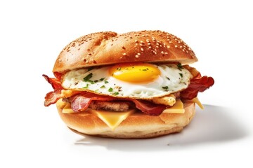 Delicious Breakfast Sandwich with Fried Egg and Bacon, on a White Background (Generative AI)