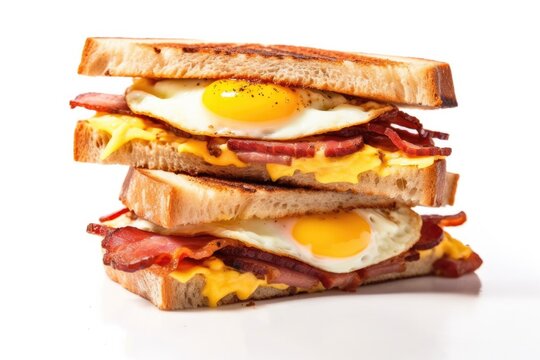Delicious Breakfast Sandwich with Fried Egg and Bacon, on a White Background (Generative AI)