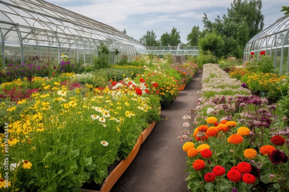 Wall mural view of greenhouses surrounded by colorful gardens, with blooming flowers in the background, created with generative ai