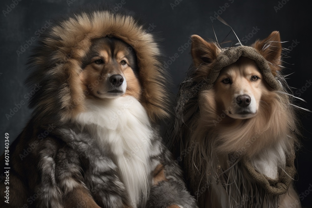 Poster head-to-toe fur fashion shoot featuring a cat and dog duo in avant-garde outfits, created with generative ai