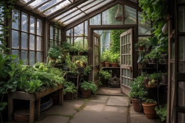 Fototapeta na wymiar greenhouse with cascade of greenery spilling out the door, created with generative ai