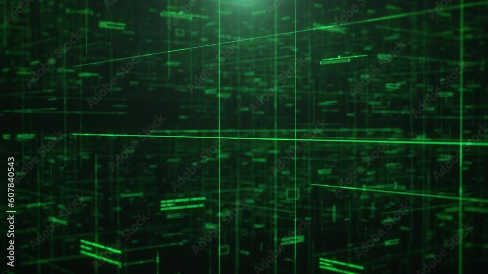 Leinwandbilder Technology background of data network connection perspective, landscape fly through left to right on green cyberspace graphic 4K motion background.