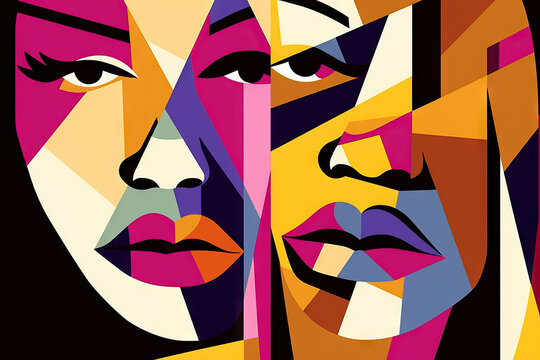 Generative AI illustration of abstract portrait of crop female faces looking at camera with beautiful artwork designed with different shades of colors