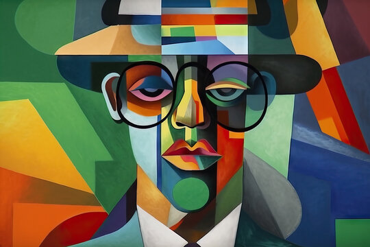 Generative AI illustration of abstract portrait of painting artwork with different shades of colors of male in suit and hat round eyeglasses looking at camera
