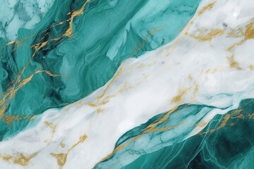 Generative AI illustration of turquoise and white marble texture background with cracked gold details