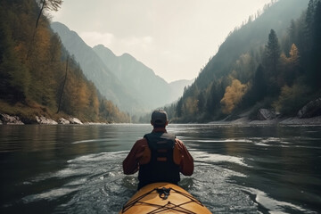 Canoening on wild lake in mountains. Outdoor adventure. Generative AI