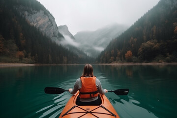 Outdoor adventure. Kayaking on wild river in mountains. Generative AI