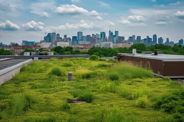 Fototapeta premium green rooftops with view of the city skyline, created with generative ai