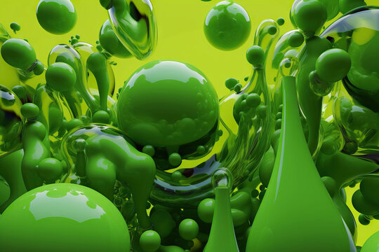 Generative AI illustration of green futuristic organic shiny glass blobs