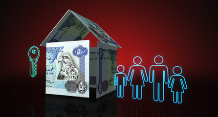 Emiratesian Dirham Dubai AED money banknotes paper house on the table 3d illustration