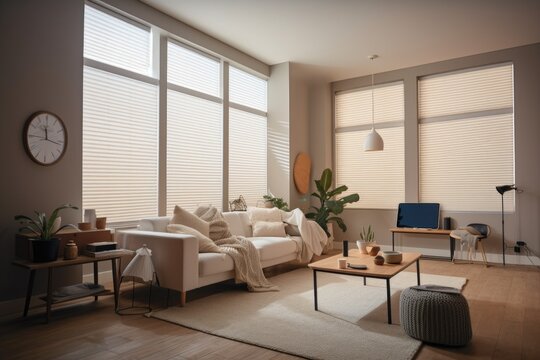 home with smart thermostat, lights and window blinds that automatically adjust according to the time of day, created with generative ai