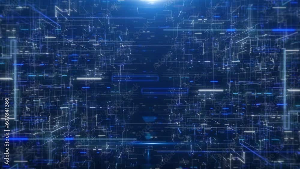 Fototapete Abstract big data structure futuristic network connection technology fly through 4K motion. Abstract simple geometric shape with binary number code background.