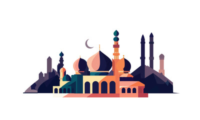 a stylized of a muslim mosque,a flat design of a masjid for Islamic organizations or communities,Beautiful Islam temple icon,crescent and cloud,Vector Illustration,Eid Mubarak greetings,Ramadan Kareem
