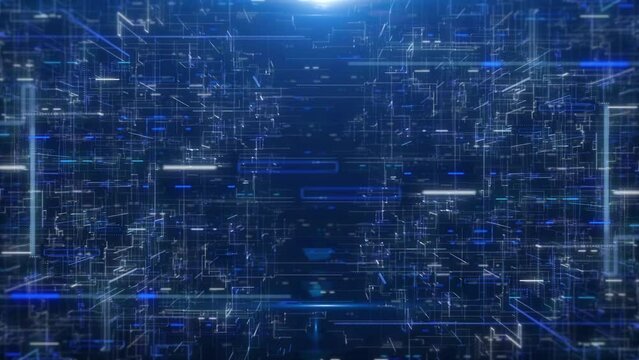 Abstract big data structure futuristic network connection technology fly through 4K motion. Abstract simple geometric shape with binary number code background.