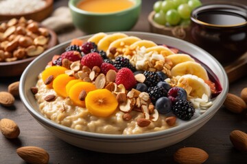 plate of warm oatmeal with toppings, including nuts and fruits, created with generative ai