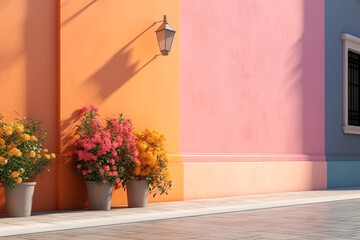 Vibrant flowers in pot on the street near colorful house. Exterior of house with pink and yellow wall. Minimalist architecture background. Created with generative Ai