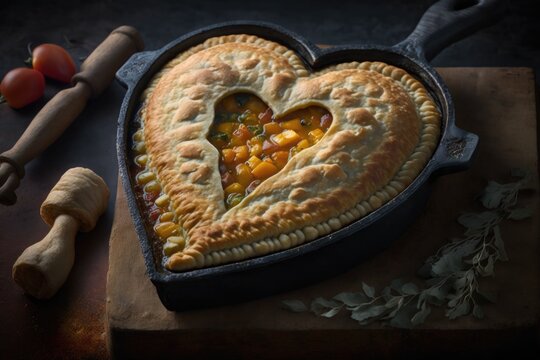 heart-shaped chicken pot pie in a cast-iron skillet, with steam rising from the golden crust, created with generative ai