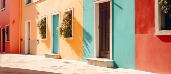 Street with colorful vibrant multicolored building in old town. House exterior with doors and windows. Minimalist architecture background. Created with generative Ai