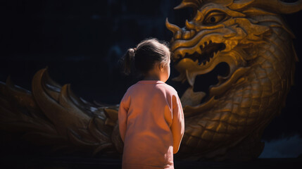 AI generated image of unrecognizable little cute girl looking at the wall with Chinese traditional wooden dragon statue.