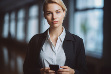 AI generated image of pensive blond businesswoman waist up in the office lobby, wearing black jacket and looking at camera