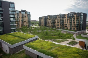 green rooftops with solar panels, providing clean energy for the building, created with generative ai
