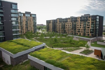 Obraz premium green rooftops with solar panels, providing clean energy for the building, created with generative ai
