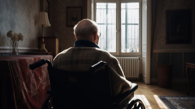 AI generated image of back view of senior elderly man in wheelchair at home
