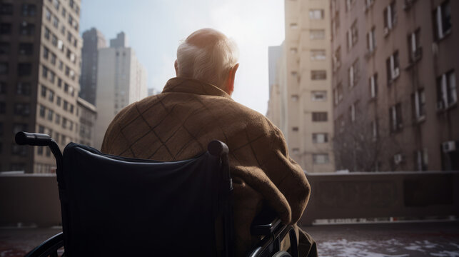 AI generated image of back view of senior elderly man in wheelchair in the city