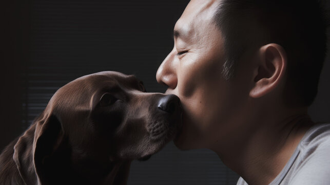 AI generated image of Asian middle-aged man kissing and pampering his brown German short-haired Kurzhaar pointer dog