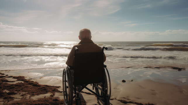 AI generated image of back view of unrecognizable senior elderly man in wheelchair next to the ocean