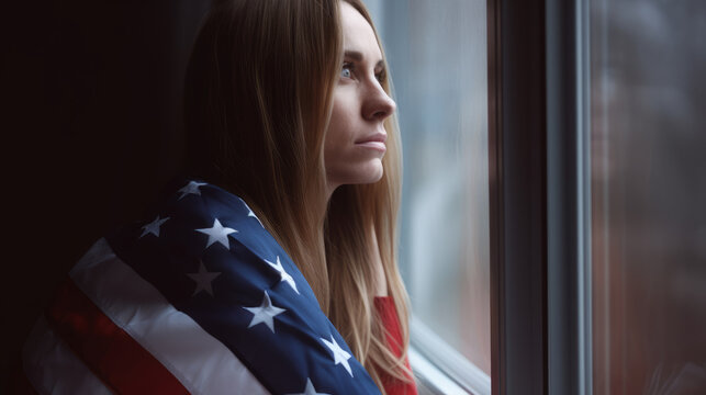 AI generated image of serene woman at home wrapped in US flag next to the window. USA Independence Day concept