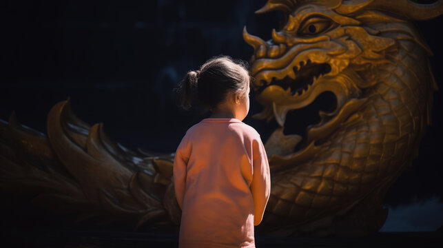 AI generated image of unrecognizable little cute girl looking at the wall with Chinese traditional wooden dragon statue.