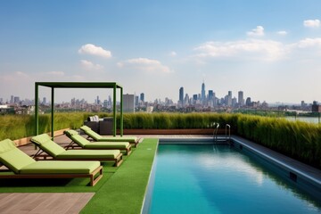 Fototapeta premium green rooftop terrace with lounge chairs and an infinity pool, surrounded by city skyline, created with generative ai