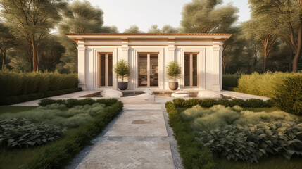 Fototapeta na wymiar 3D render roman style, Home and Garden Embracing the Timeless Elegance and Tranquility, Creating a Harmonious Fusion of Indoor and Outdoor Spaces
