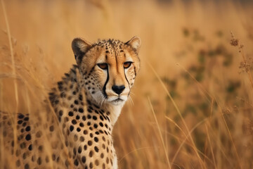 Naklejka na ściany i meble cheetah in tall yellow grass. Wild african animals, generative AI