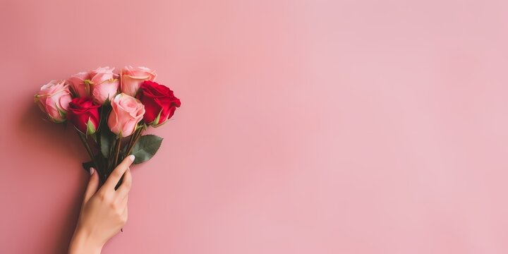 background bouquet of pink and red flowers, pink background with space for text. 