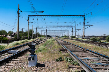 View of the railway tracks. Electrical wires against a clear blue sky.
