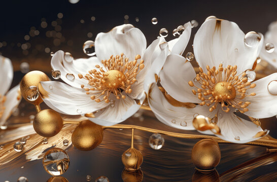 white flower on shiny gold background with pearls