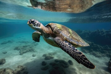 Obraz premium sea turtle swimming underwater, its flippers beating the water, created with generative ai