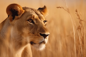 Plakat lion in tall yellow grass. Wild african animals, generative AI
