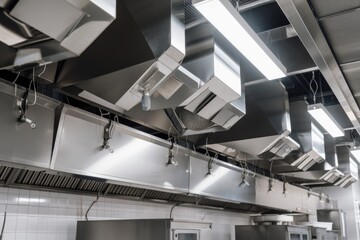 ventilation and exhaust system for a commercial kitchen, with hoods and fans providing optimal airflow, created with generative ai