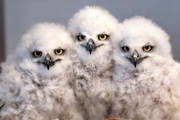 Obraz premium Three cute snowy owl chicks snuggled up to each other, looking at the camera. AI