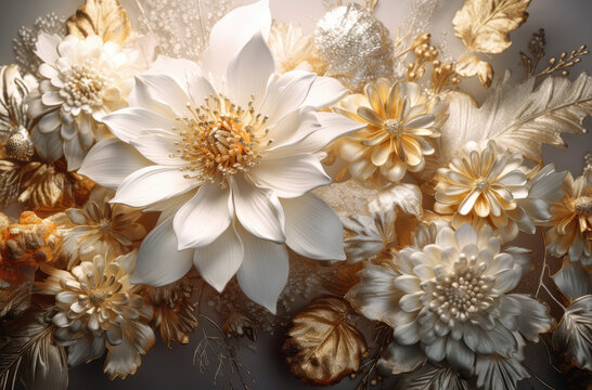 white flower on shiny gold background with pearls