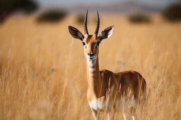 The springbok (medium-sized antelope) in tall yellow grass. Wild african animals, generative AI - obrazy, fototapety, plakaty