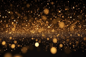 Abstract luxury gold background with gold particle. glitter vintage lights background. Christmas Golden light shine particles bokeh on dark background. Holiday concept. AI