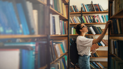 A student stuying and reading books in a public library.