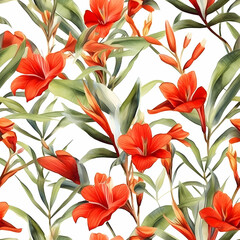 Exotic tropical flowers and leaves seamless pattern design for textile print. Generative AI